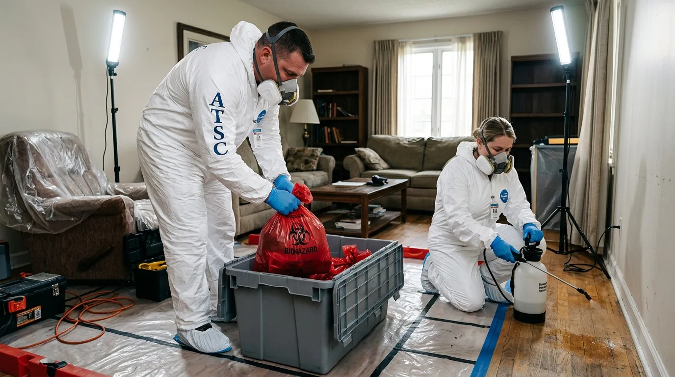Professional Hazmat Cleanup technician in full PPE working in Saint Peters
